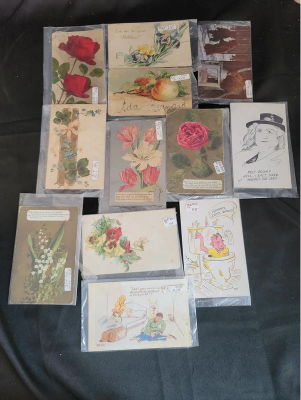 12 Vintage Post Cards Floral & Cartoon